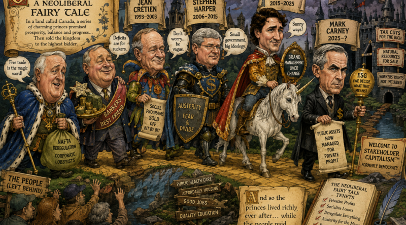 PMs Brian Mulroney, Jean Crétien, Paul Martin, Stephen Harper, Justin Trudeau & Mark Carney all lined up in neoliberal progressive order.